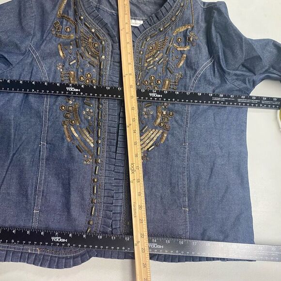 HANNAH Embellished Beaded Denim Jacket Ruffle Trim Size Medium Blue SEE DESCRIPT - Picture 7 of 9